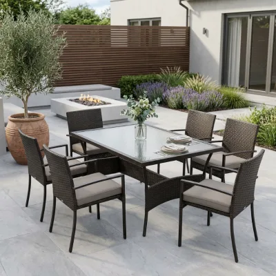 Outdoor PE Rattan Dining Set Rectangular Tempered Glass Top Table with 6 Rattan Dining Chairs Dining Furniture for Hotel Project