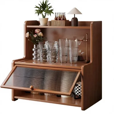 Vintage Flip-top Wooden Counter Cabinet | Open & Glass Shelves | Multi-purpose Storage Organizer for Kitchen & Dining Room