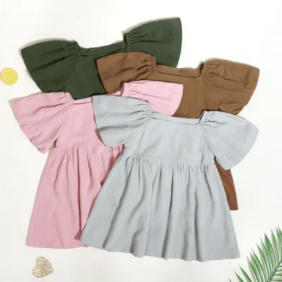 New Designer Trendy Custom Fashion Kids Skirts Puff Short Sleeve a Line Linen Cotton Baby Girls Dresses