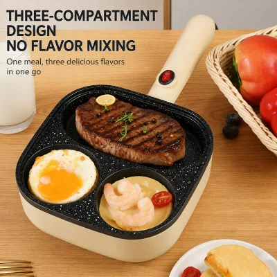 3-in-1 Nonstick Metal Breakfast Skillet Electric Frying Pan Nonstick Divided Cooking Skillet for Daily Breakfast