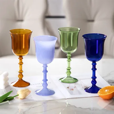 French-style Retro Stemmed Roman-column Wine Goblet 301-400ml Glass Colorful Dessert Wine Glass for Home Decor
