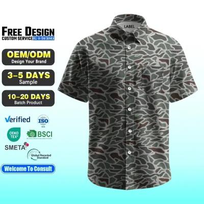 Custom Printed Sublimation UPF 50 Vintage Duck Camo Short Sleeve Button Down Shirt Quick Dry 4-Way Stretch Casual Work Shirt