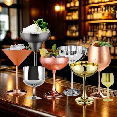 RTS Stainless Steel Classic Cocktail Glass Engraved Design Tall Bar Martini Glass Eco-Friendly Reusable Durable High Quality Ice