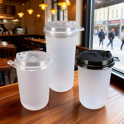 Wholesale Clear Smoothie Juice Milktea Cup Lids PP Frosted Reusable Single Wall 24oz Bubble Tea Plastic Injection Wine Drink Use