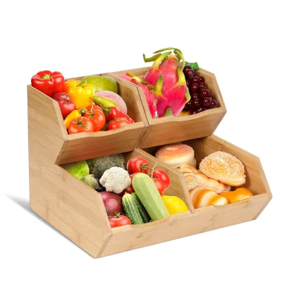Stackable Bamboo Pantry Storage Bins Kitchen Cabinet Organizers for Potato Onion Fruit & Vegetable Storage Bread Set of 3 Pieces