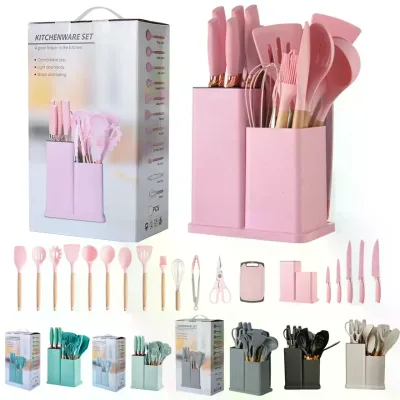 19Pcs/Set Silicone Kitchen Utensil Set with Wooden Handle and Cuttings Board Storage Bucket Kitchen Gadget Set