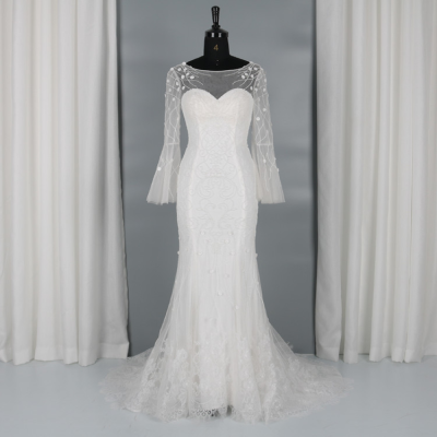 Hot Sale Tulle Mermaid Lace up Female Wedding Gown Bridal Gowns Wedding Dress Long Sleeve Beauty Bridal Wedding Dress