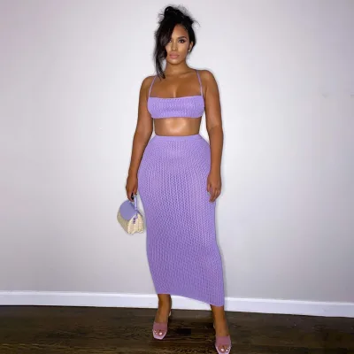 Ladies Knit Sexy Cami Top Skirt Set 2 Pieces Outfit Pleated Night Club Party Women Set