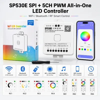 SP530E WiFi Blue Tooth RF SPI + 5CH PWM All-in-One Smart LED Strip Controller with APP Music Sync and Multi-Zone Control