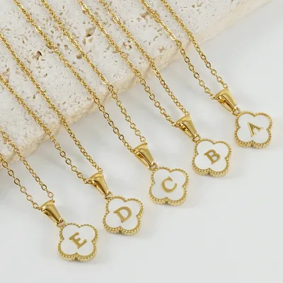 Waterproof Stainless Steel Four-Leaf Clover Pendant Necklace 18K Gold Plating Fashion Shell Letter Clavicle Chain
