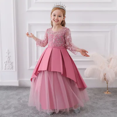 New Girls' Formal Princess Puffy Dress O-Neck Lace Hollow Long Sleeve for Weddings Big Kids' Formal Dress