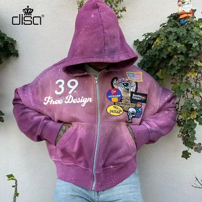2025 Custom High Street Hooded Zipper Sweater Jacket New Fashion Loose Patchwork Embroidery Distressed Acid Wash Zipper Hoodie