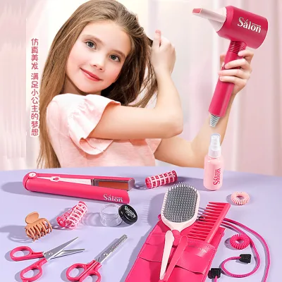 Girls Pretend Play Make up Hair Salon Realistic Hair Styling Toy Kit with Bladeless Hair Dryer Accessories Role Play House Toys