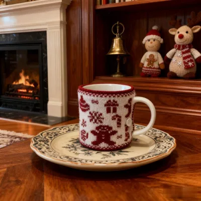 Wholesale Price Red White Cozy Winter Sweater Mug with Removable Crochet Sleeve Gift Hot Drink Cup Cozy Sleeves