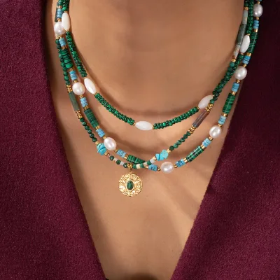 Stainless Steel Malachite Beaded Pendant Necklace Versatile Autumn Winter Choker for Women