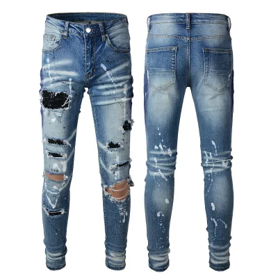 Streetwear Men Ripped Jeans for Men White Paint Splatter Rhinestone Denim Pants Slim Fit Tapered Casual Hip Hop Trousers