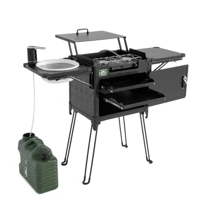 Wild Land All-in-One Aluminum Folding Camping Kitchen Box Pro-Dual-Height Table Detachable Gas Stove Multi-Compartment Storage