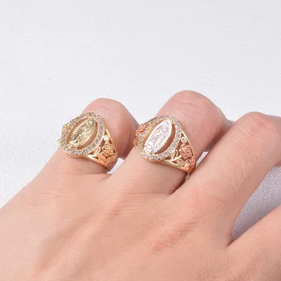 Beverly Jewelry Zircon Signet Ring Vintage Engraved Virgin Mary Guadalupe Gold Plated Jewelry Ring