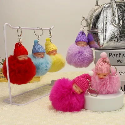 8cm Cute Sleeping Baby Doll Fur Plush Keychain Soft Fluffy Eco-Friendly Durable Cartoon Portable Car Keyring Bag Charm Pendant