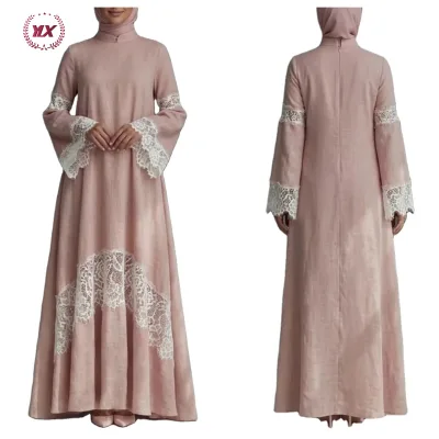 2026 Muslim Lace Patchwork Linen Maxi Dress Stand Collar Long Sleeve