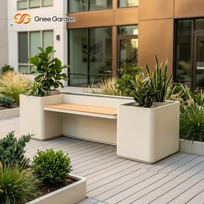 Luxury Outdoor Metal Seating Bench with Flower Planter Steel Bench Chair