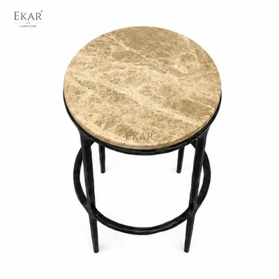 Retro Luxury Marble Side Table Round Travertine End Table Metal Frame Coffee Table Living Room Sofa Table