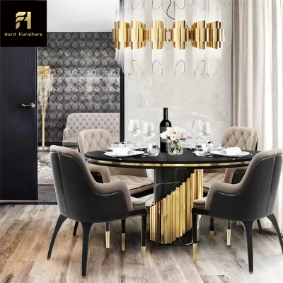 Elegant Black and Gold Color Combo Luxury Marble Table Stainless Steel Pillar Round Dining Table High End