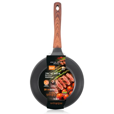 RAF R.5439 Large Stir Fry Wok 28cm with Easy Clean Interior Uniform Heating Bottom and Long Wood Look Handle for Daily Cooking