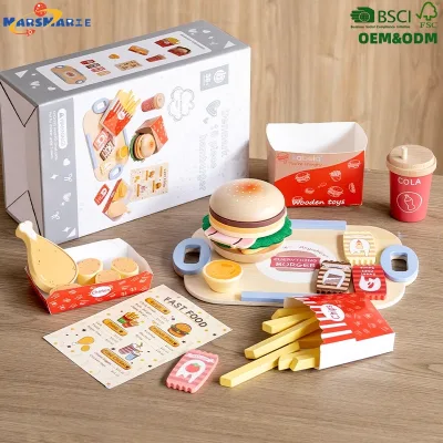 Children's Wooden Pretend Play Game Girl Kids Kitchen Fast Food Play Set Danish Noble Burger Fried Chicken Shop Toy Set for Kid