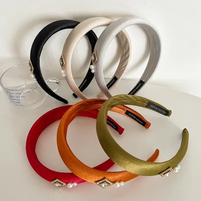 Retro Solid Color Headband Non-slip Fabric Covered Hairband with Rhinestone Pearl Vintage Hair Bands for Women Girls