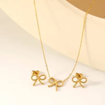 Hot Sale Gold Plated Butterfly Bow Necklace Earrings Women Bowknot Butterfly Stainless Steel Necklace Earrings Jewelry