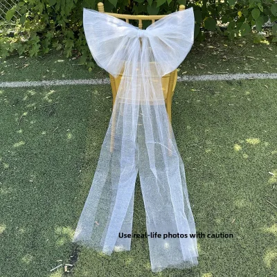 Wholesale Bow-Knot Ribbon Chair Back Tulle Wedding Curtain Decorative Mesh Arrangement Wedding Props White Polyester Terylene