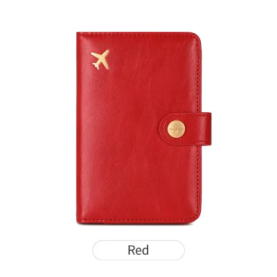 Custom Real Leather Portable RFID Blocking Passport Holder Airplane Ticket Organizer Travel Wallet Button for Credit Cards