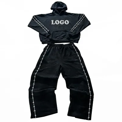 Manufacturer Custom logo Cropped Black Man Heavyweight Sweatsuit Sweat Pants Jogging Flared Sweatpants and Hoodies Set