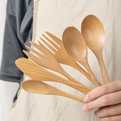 Handmade Beech Wood Spoon and Fork Set Salad Fruit Dessrt Fork Coffee Spoon Cooking Tools Gifts