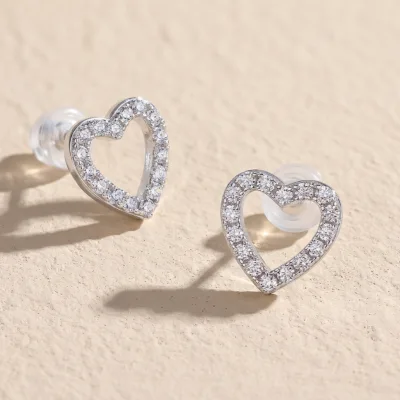 Simple Lovely Silver 925 Girl Daily Wear Ear Fine Jewelry Minimalist Women Hollow love Heart Shape Full Moissanite Stud Earrings