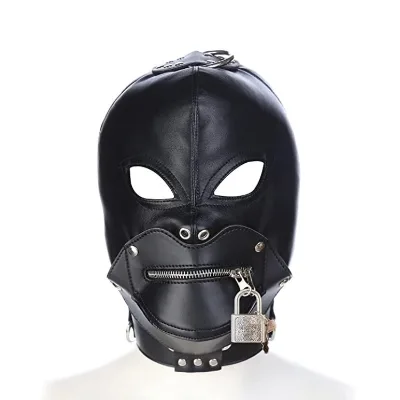 Halloween BDSM Hood Helmet Faux Leather with Removable Mouth Guard Zipper Mouth for Sex Games Bondage Gear