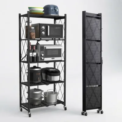 Multi-layer Foldable Metal Display Rack Diamond Mesh Frame Mobile Storage Shelf Free Standing Organizer for Bedroom Office