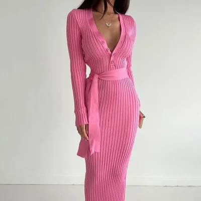 GIMILY OEM&ODM Custom Sexy V-neck Waist Button up Long Dress Slim Fitting Knit Pit Stripe Long Sleeved Tie up Dress for Women