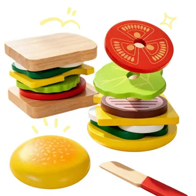 Preschool Educational Toys Fine Motor Skills, Play Food Toys, Montessori Wooden Burger Sandwich Stacking Toys Set for Kids