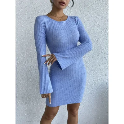 2026 Hot Sale Sexy Backless Pure Color Long Woolen Skirt Bell Sleeve Elegant Tight Knit Dress for Women