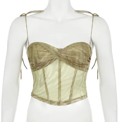 Twisted Pleated Ripple Double-layer Net Fabric Printed Plunging Bra-style Halter Top with Fish-bone Waistband Irregular Design