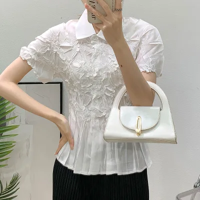 2025 summer new pleated short sleeved women's polo collar shirt fashionable casual slimming jacket short sleeved top