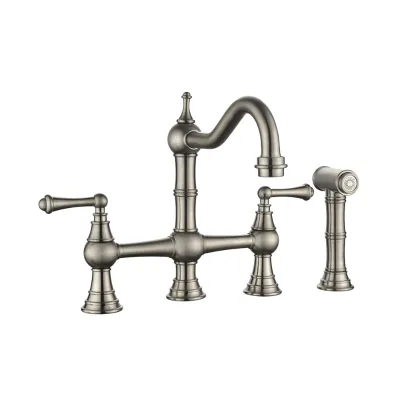 Brushed Nickel Bridge Kitchen Faucet Two Handle with Side Spray High Arc Traditional Bridge Faucet Deck Mount Lever Handle