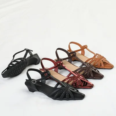 Women Woven Leather Headband Sandals Low-Heeled Fashionable Slingback Mary Jane Shoes Summer Vintage Versatile Square Toe Sandal