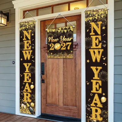 2027 Happy New Year Door Banner Black Gold Glitter Porch Sign Firework Clock Champagne Pattern New Year Party Front Door Decor