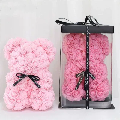 25cm Artificial Rose Pe Flowers Teddy Bear Shape Box Set Wedding Valentine's Day Birthday Decoration
