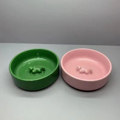 Green and Pink Ceramic Dog Bowl with Intricate Dog Figurine for Cat Food and Water Pet Bowls & Feeders Gift & Craft