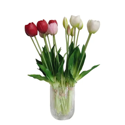 Artificial Tulip Flower with Glass Vase Home Decor Forever Fake Real Touch Flower for Beautiful Indoor Arrangements Eco-friendly