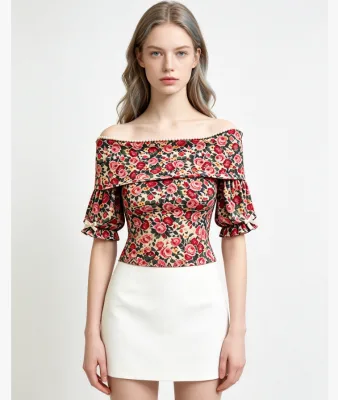 Women Floral Off Shoulder Puff Sleeve Top Vintage Rose Print Slim Crop Blouse